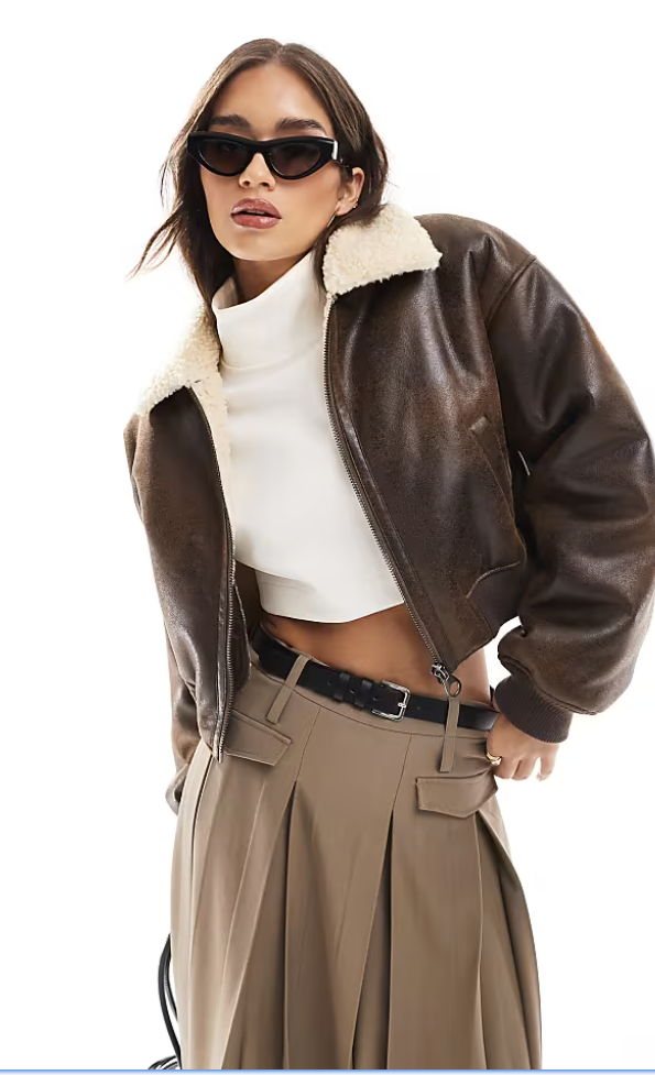ASOS DESIGN cropped flight jacket in brown - size Medium